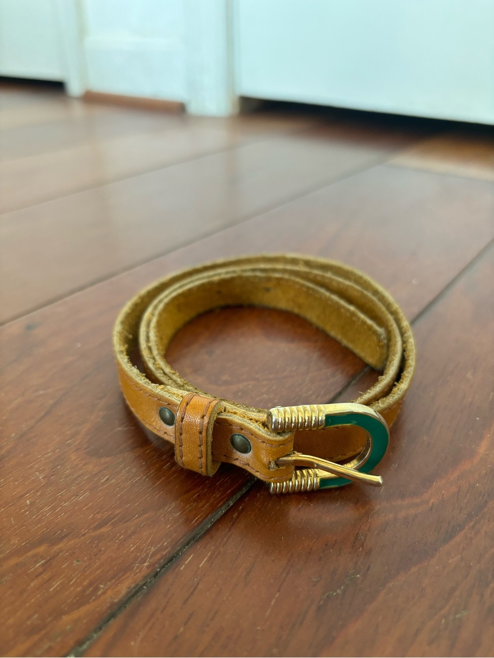 Thin Cognac Leather Belt w/ Teal & Gold Rounded Hardware XS
